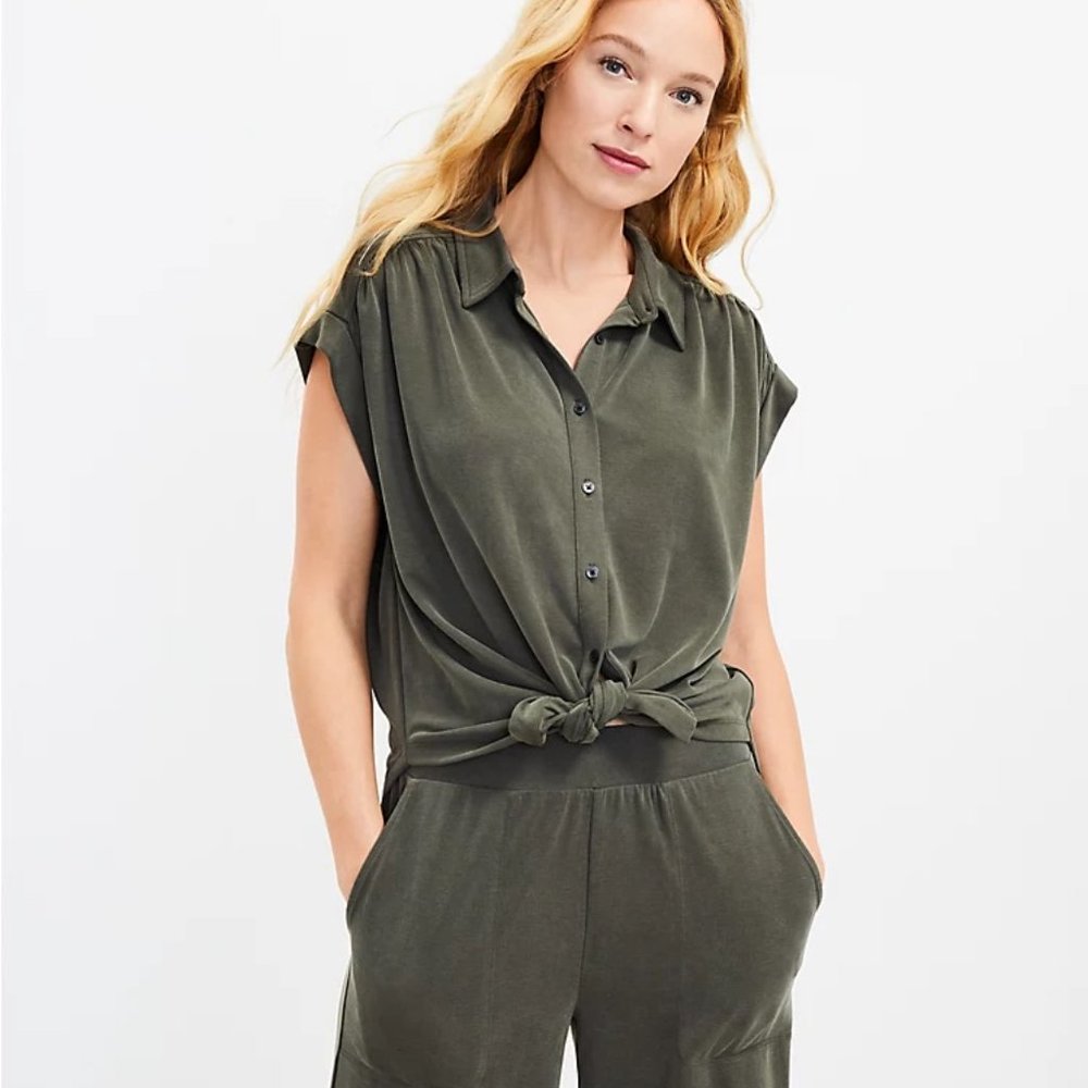 NWT LOFT Lou & Grey Sandwashed Olive Green Tie Front Shirt